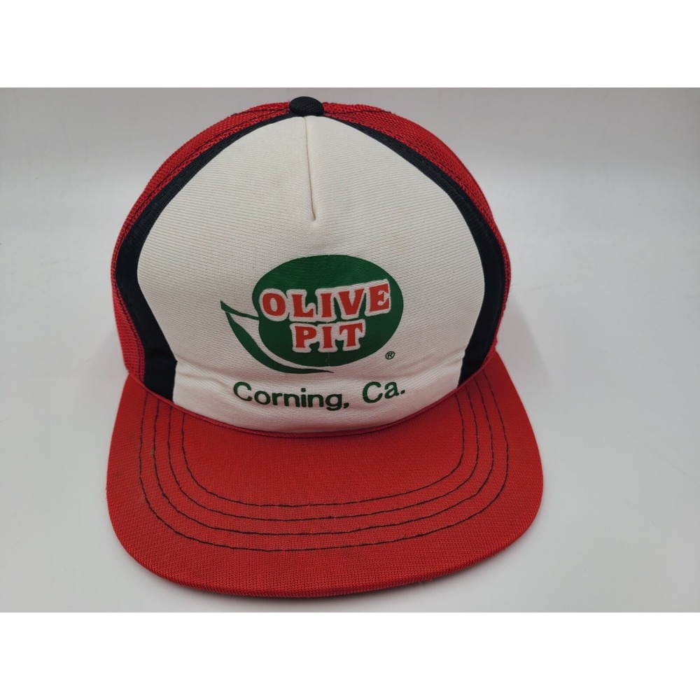 Vintage Olive Pit Corning California YoungAn Mesh Trucker‎ Snapback Hat Cap Red